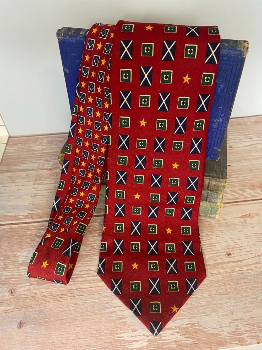Vintage Crimson Tommy Hilfiger Red Nautical Signal Flag & Star Silk Tie
